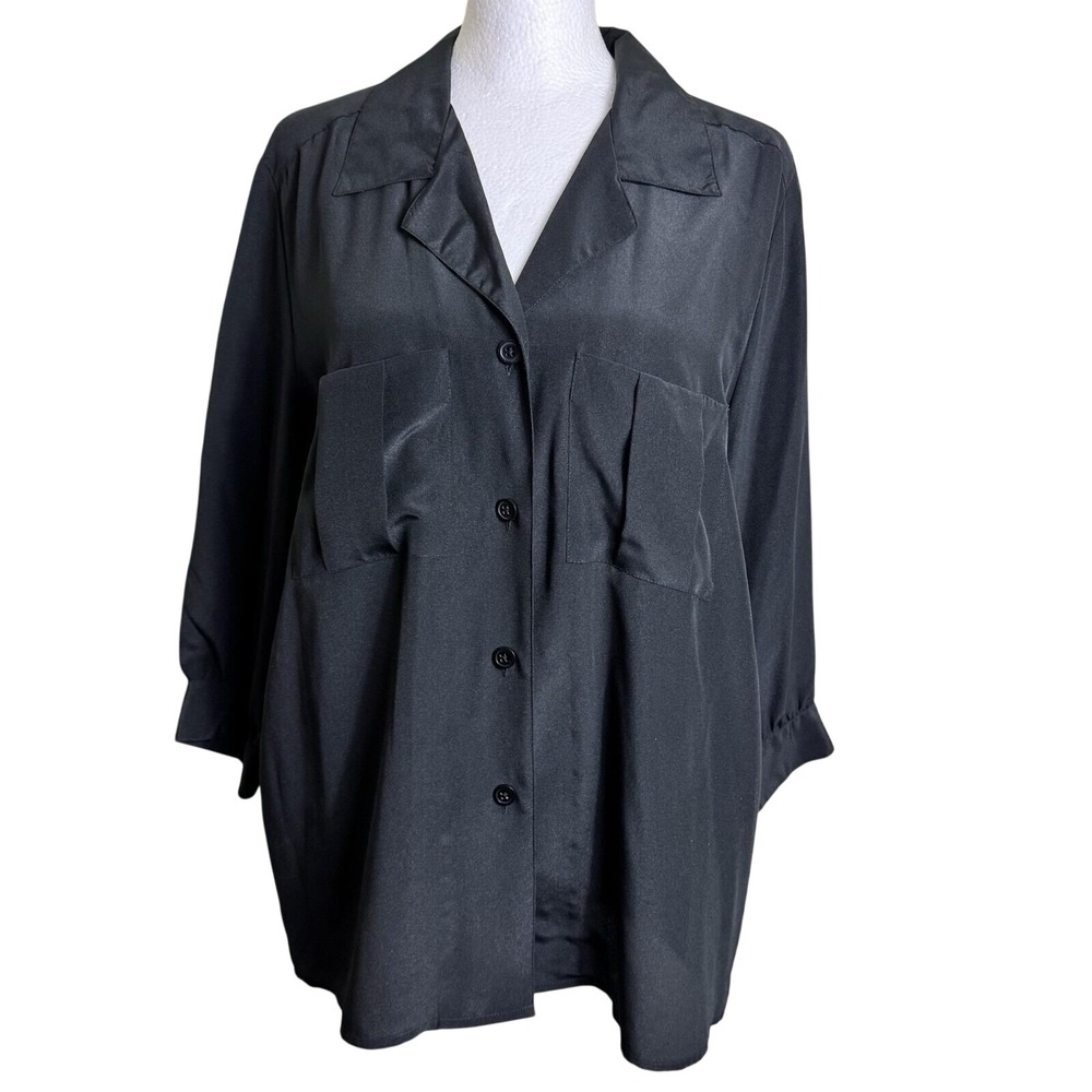 Vtg Dana Alexander Black Satin Shacket Blouse 10‎ Minimalist Utility Button 90s